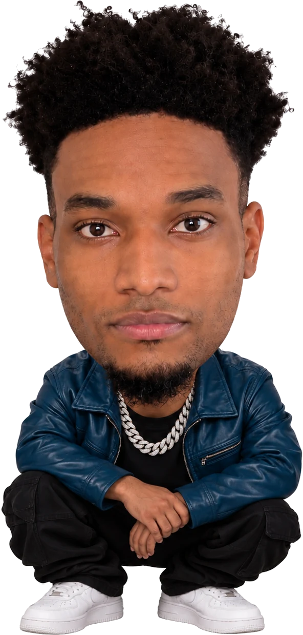 Ansem: tall afro, navy leather jacket, Cuban link chain