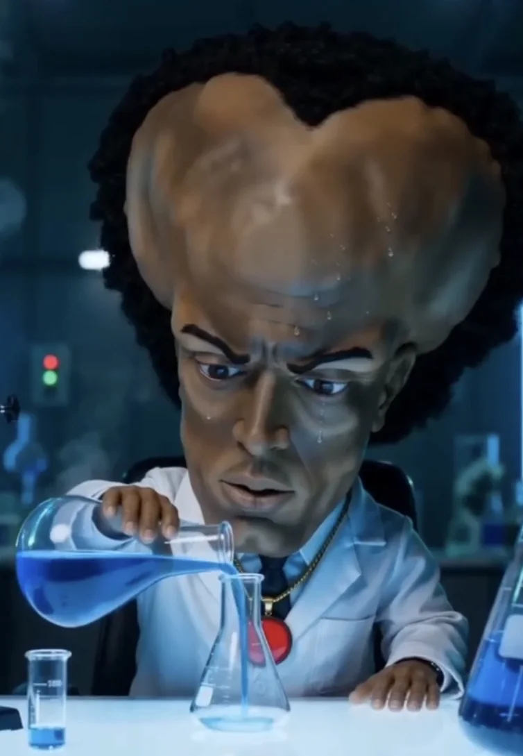 Yakub, an enormous forehead over a white lab coat, pouring blue liquid