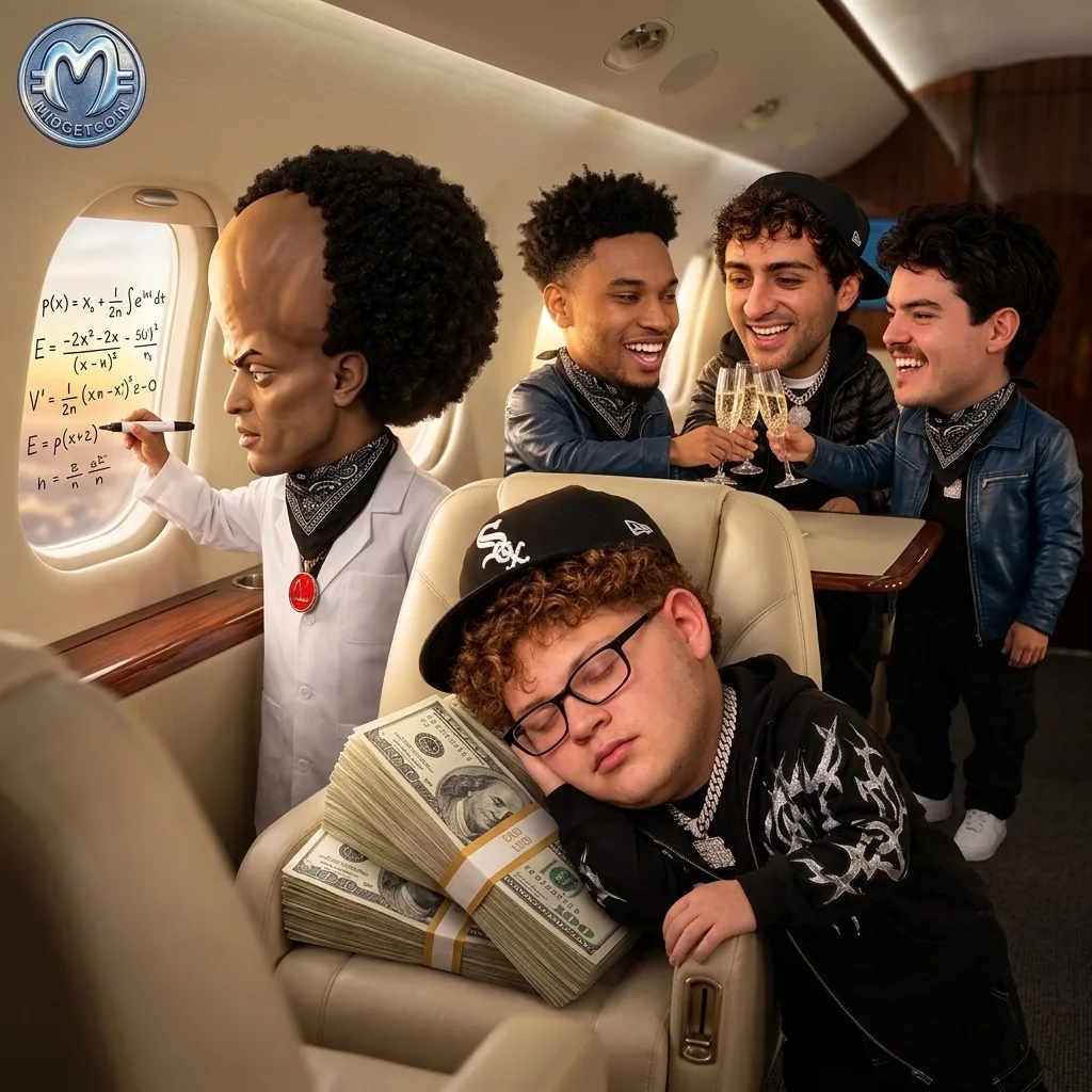The crew on a private jet; Orangie asleep on a pillow of cash