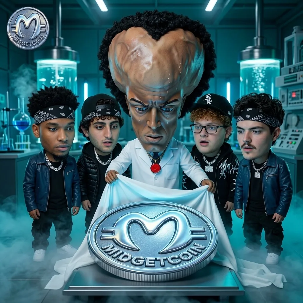Yakub unveils a giant chrome Midgetcoin in a lab