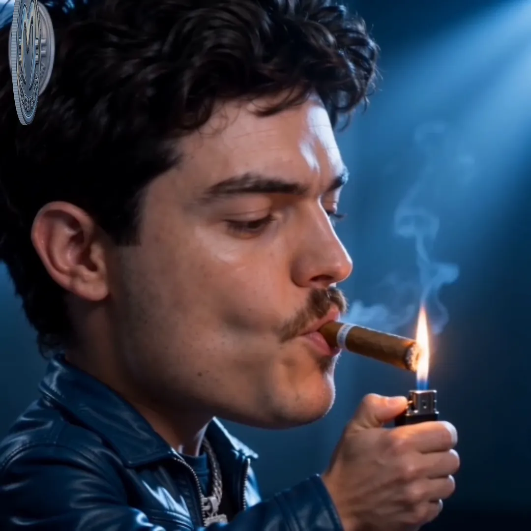 Duve lights a cigar in the vault's blue light