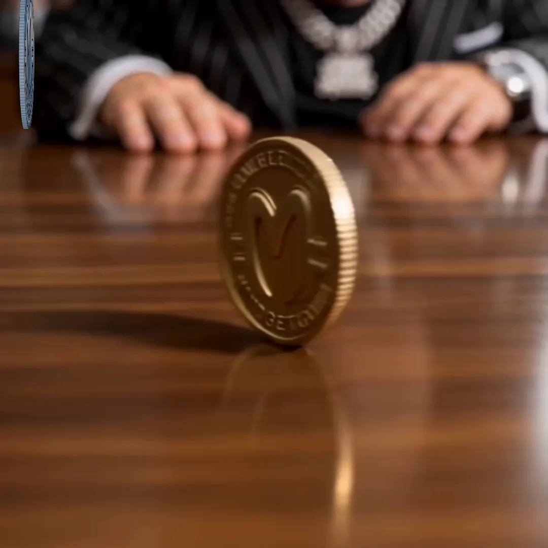A gold Midgetcoin slides across a courtroom table