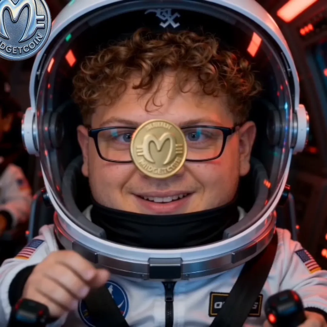 Orangie in a space helmet holding a gold Midgetcoin